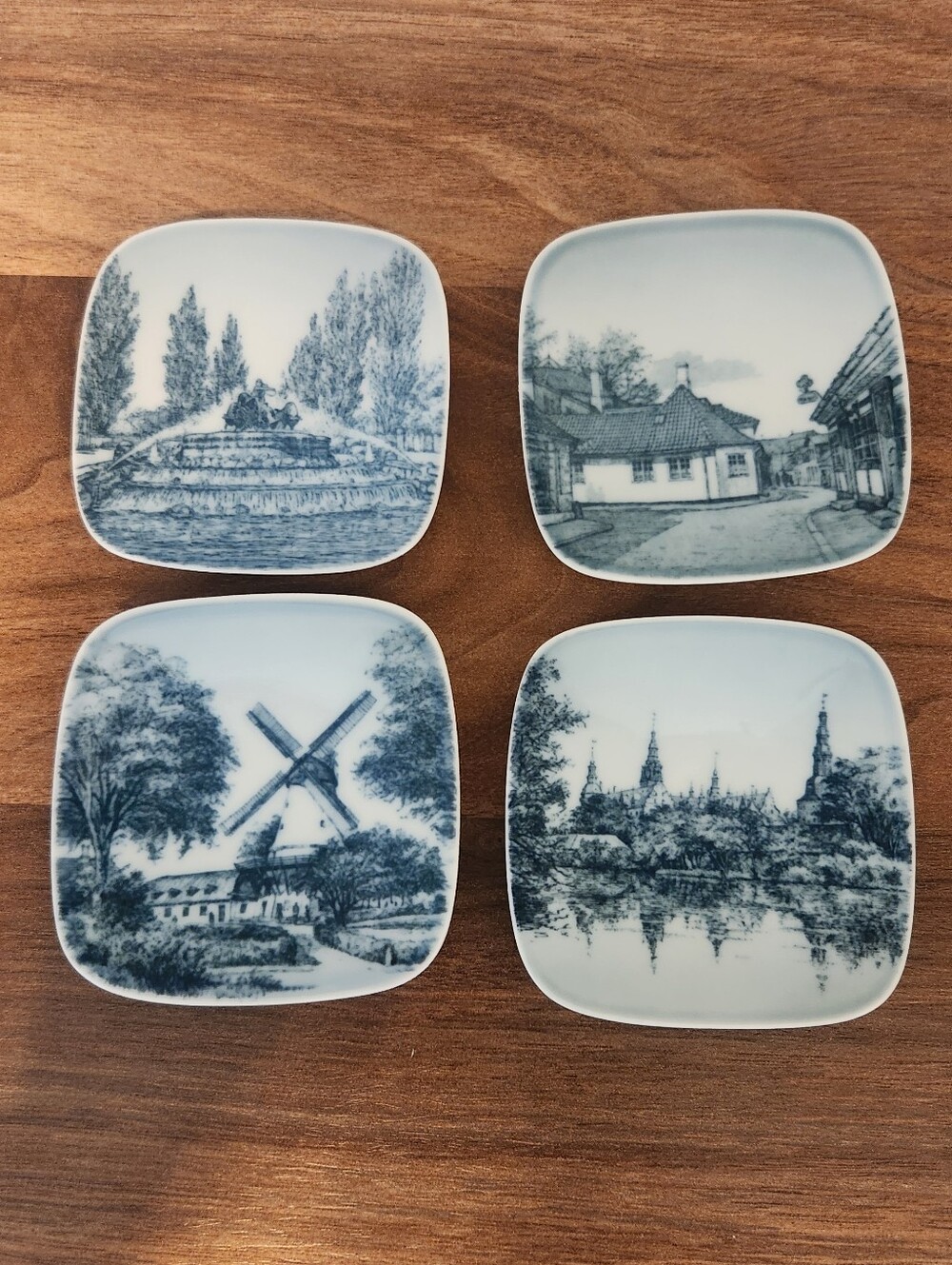 Vintage Bing & Grondahl Bonfils Blue and White Scenic Porcelain Square Plates